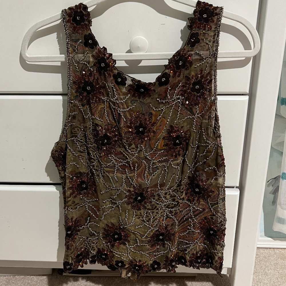 Aftershock Brown Beaded and Embroidered Sheer Top